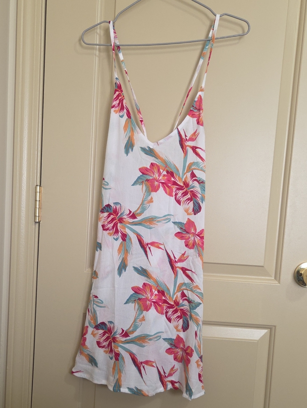 Roxy. White Floral Spaghetti Strap Sundress - Pink & Teal Flowers